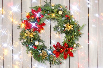 Wall Mural - christmas frame wreath with evergreen fir tree and red and yellow berries isolated on white