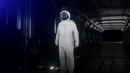 Wall Mural - alone astronaut in futuristic interior. sci fi room view of the earth. 3d rendering