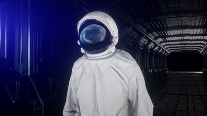 Wall Mural - alone astronaut in futuristic space corridor, room. view of the earth. 3d rendering