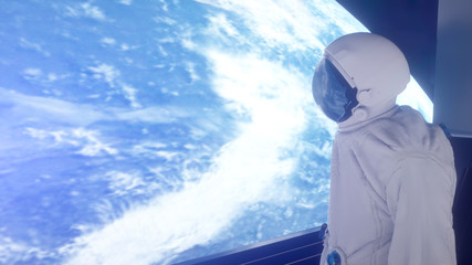 Wall Mural - alone astronaut in futuristic interior. sci fi room view of the earth. 3d rendering