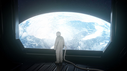 Wall Mural - alone astronaut in futuristic spaceship, room. view of the earth. 3d rendering