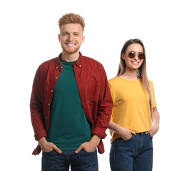 Poster - Young couple wearing blank t-shirts isolated on white. Mockup for design