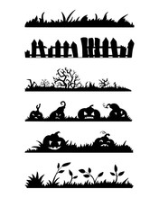 Set Of Silhouettes For Halloween: Grass, Fence, Trees And Bushes, Pumpkins. Vector