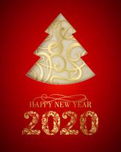 Merry Christmas And Happy New Year 2020 Card With Golden Steampunk Fir Over Red Background. Vector Illustration.