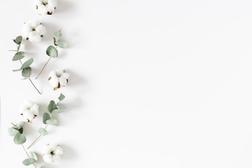 Wall Mural - Flowers creative composition. Cotton flowers, eucalyptus branches and leaves on white background. Flat lay, top view, copy space