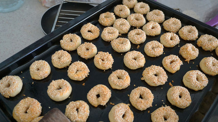 Wall Mural - homemade pastries, sesame cookies, fresh cookies in tray,