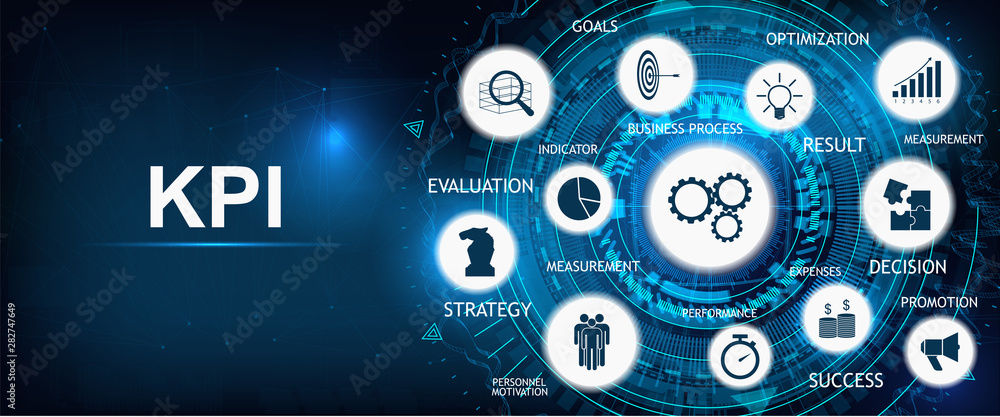 Key Performance Indicator. Kpi background with icons and keywords ...