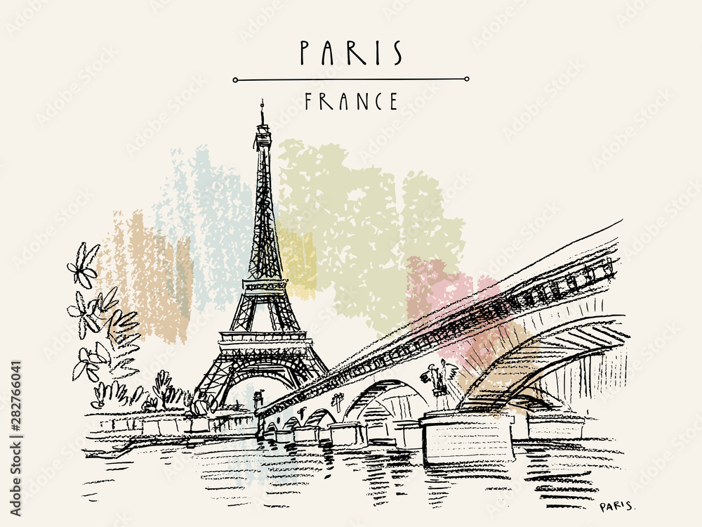 Eiffel Tower in Paris, France. Vintage hand drawn touristic postcard - obrazy, fototapety, plakaty 