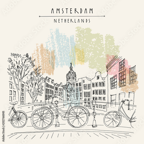  Plakaty drzwi   amsterdam-holandia-holandia-vintage-recznie-rysowane-pocztowka