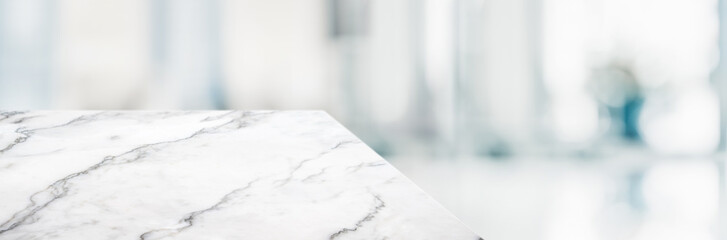 Aufkleber - marble table top product display background with blur business office hallway.left perspective stone kitchen counter with people waiting doctor in hallway.Banner mockup presentation