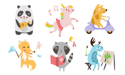 Sticker - Cute Animals Different Activities Set, Adorable Humanized Animals Characters Playing Musicall Instrument, Reading Book, Riding Scooter, Painting, Dancing Illustration