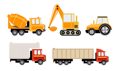 Wall Mural - Cargo, Construction and Specialized Machinery Set, Concrete Mixer Truck, Excavator, Tractor, Tank, Refrigerator Vector Illustration