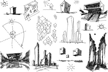 many hand drawn architectectural sketches of a modern abstract architecture nad geometric objects an