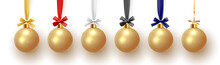 Set Of Christmas Decorative Balls On Ribbon With Bow, Golden Color. Xmas Bauble
