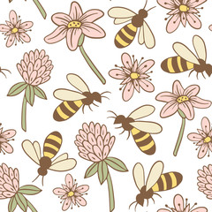 Wall Mural - Seamless pattern with bees and flowers.