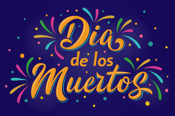 Dia de Los Muertos lettering sign. Inscription Mexican Day of the Dead with colorful flourish elements on dark blue background. Vector illustration for greeting cards, poster, party flyer, invitations