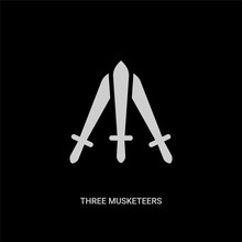White Three Musketeers Vector Icon On Black Background. Modern Flat Three Musketeers From Education Concept Vector Sign Symbol Can Be Use For Web, Mobile And Logo.