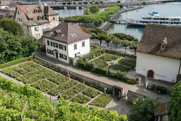 Sticker - high angle view of the historic old town and rose gardens of Rapperswil with Lake Zurich behind