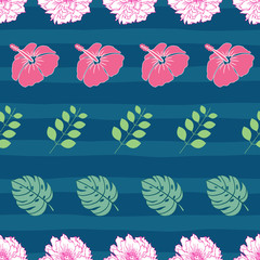 Wall Mural - Tropical seamless pattern with peony, hibiscus flowers and leaves on blue striped background