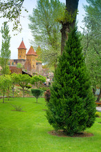 Park With Green Lawn, Plants In The Park, Castle Towers