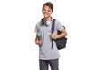 © valiza14 - Happy teen boy with headphones and backpack holding books, isolated on white background. Smiling child looking at camera. Emotional portrait of handsome teenager guy Back to school.