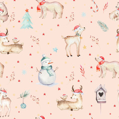 Wall Mural - Watercolor seamless pattern with cute baby bear, snowman, bird and deer cartoon animal portrait design. Winter holiday card on white. New year decoration, merry christmas element