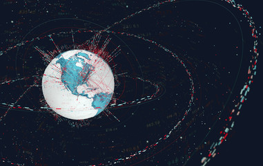 Leinwandbilder - 3d data globe - abstract illustration of a scientific technology data network surrounding planet earth conveying connectivity, complexity and data flood of modern digital age