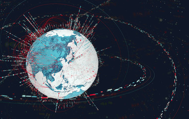 Leinwandbilder - 3d data globe - abstract illustration of a scientific technology data network surrounding planet earth conveying connectivity, complexity and data flood of modern digital age