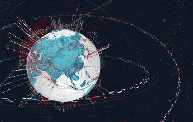 Leinwandbilder - 3d data globe - abstract illustration of a scientific technology data network surrounding planet earth conveying connectivity, complexity and data flood of modern digital age