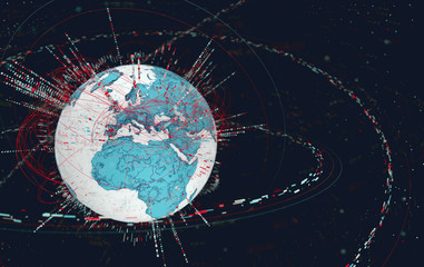 Leinwandbilder - 3d data globe - abstract illustration of a scientific technology data network surrounding planet earth conveying connectivity, complexity and data flood of modern digital age