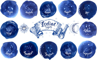 collection of astrology signs on blue watercolor background