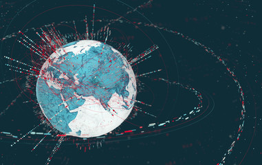 Leinwandbilder - 3d data globe - abstract illustration of a scientific technology data network surrounding planet earth conveying connectivity, complexity and data flood of modern digital age