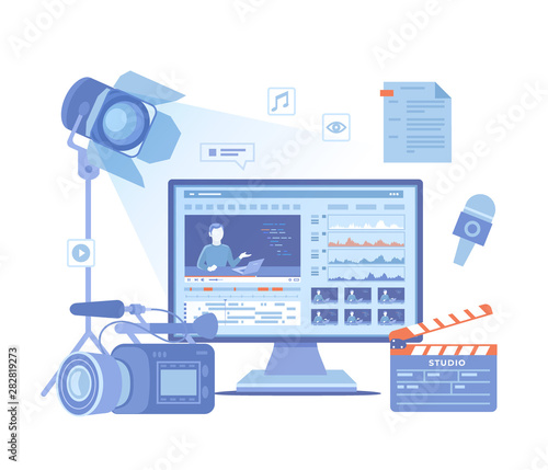 Video Production Recording Videography Blogging Design Tv News Studio Samera Microphone Clapper Board Video Editor On Screen Scenario Illuminator Vector Illustration On White Background Stock Vector Adobe Stock