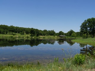 Beautiful day at the lake with an open cottage in the distance