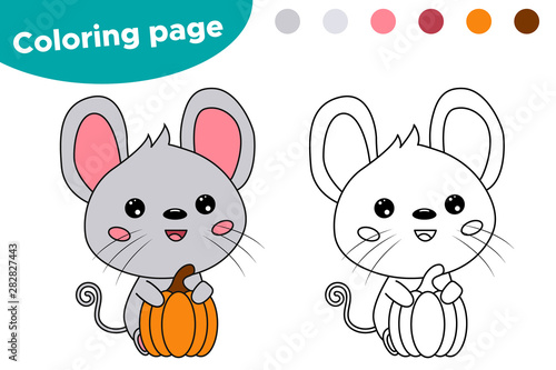 Coloring Page For Children Cute Kawaii Mouse With Pumpkin