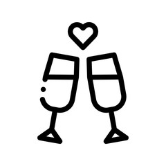 Sticker - Champagne Glasses Wedding Ceremony Vector Icon Thin Line. Champagne Glasses And Love Symbol Heart Linear Pictogram. Party Preparation And Marriage Template Monochrome Contour Concept Illustration