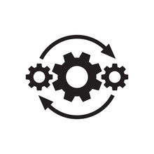 Gears Wheel With Arrows - Concept Black Icon Vector Design. SEO Creative Logo Sign. Exchange Interaction Symbol. 