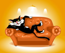 Black Cat Lying On A Leather Brown Sofa. Vector Illustration.