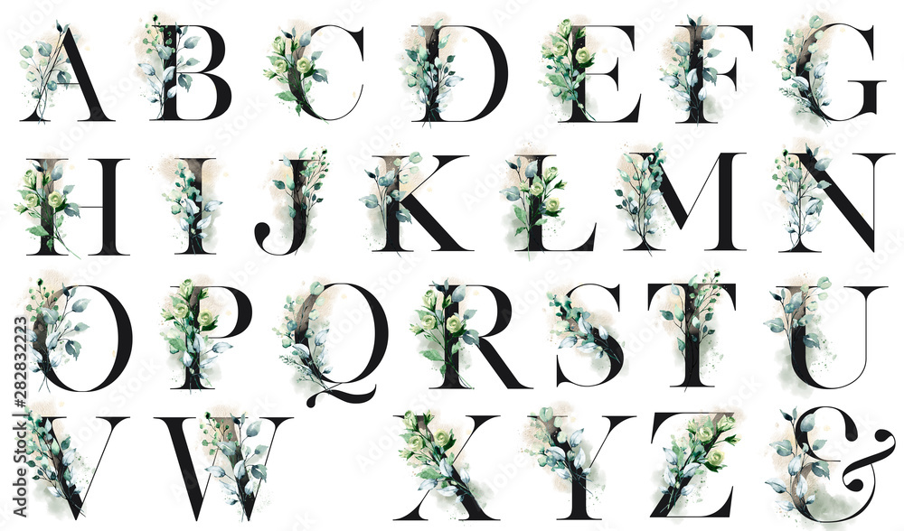 Floral alphabet, letters set with watercolor flowers and leaf. Monogram ...