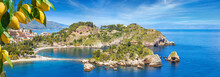 Panoramic View Of Isola Bella, Small Island Near Taormina, Sicily, Italy