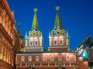 Two towers near State Museum at Red Square, Moscow, Russia