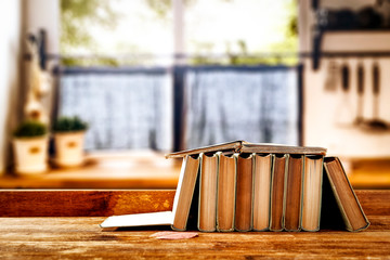 Canvas Print - Wooden window space and school books on board 