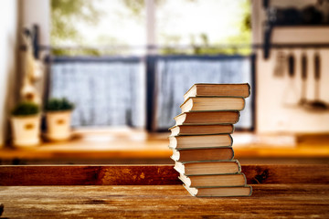 Canvas Print - Wooden window space and school books on board 