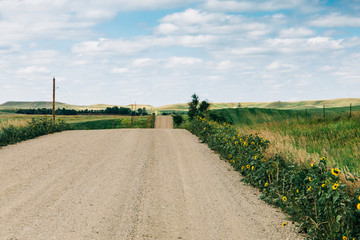 a long country highway road in rural North Dakota with a bright blue sky with clouds in the horizon