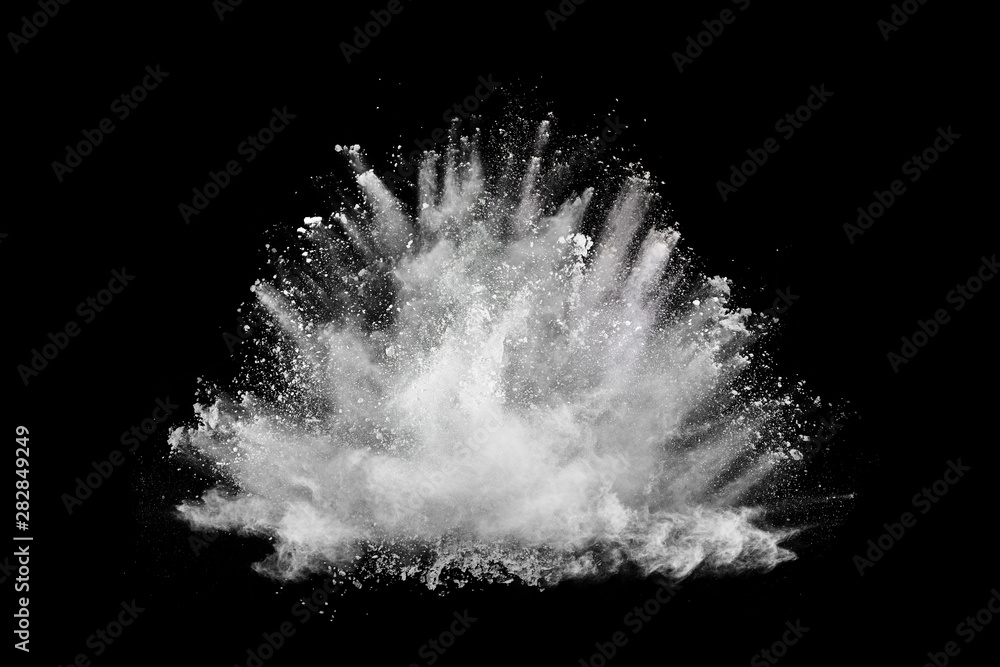 White powder explosion on black background. Colored cloud. Colorful dust explode. Paint Holi. - obrazy, fototapety, plakaty 