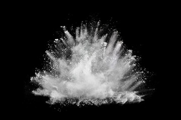 White powder explosion on black background. Colored cloud. Colorful dust explode. Paint Holi.