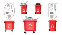 Set Of Red Recycling Bins, Containers And Buckets Vector For Metal Trash. Waste Management. Opened And Closed. Different Size And Kind. Front View. Sign Arrow. Isolated Illustration
