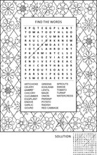 Puzzle And Coloring Activity Page For Grown-ups With Vegetables Or Gardening Themed Word Search Puzzle (English) And Wide Decorative Frame To Color. Family Friendly. Answer Included.