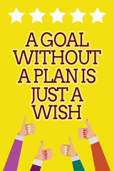 Conceptual hand writing showing A Goal Without A Plan Is Just A Wish. Business photo showcasing Make strategies to reach objectives Men women hands thumbs up five stars yellow background