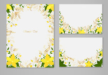 Set Of Vector Cards With Yellow Flowers And Golden Plants On A Gray Background.